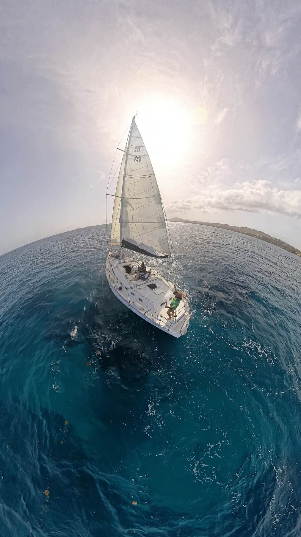 Aerial view of Serenity sailing in St. Thomas waters