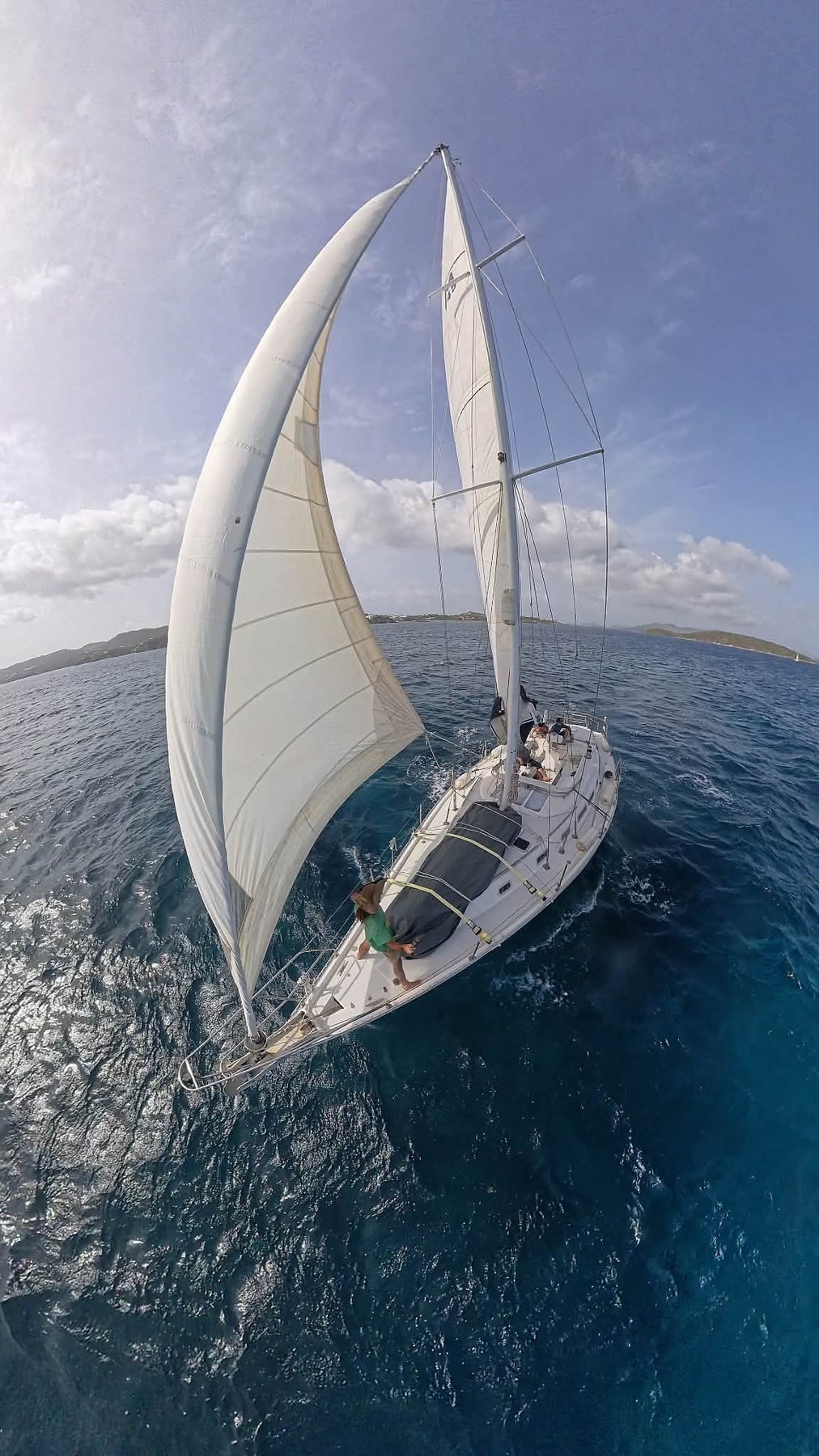 Bow view of Serenity under sail near St. Thomas