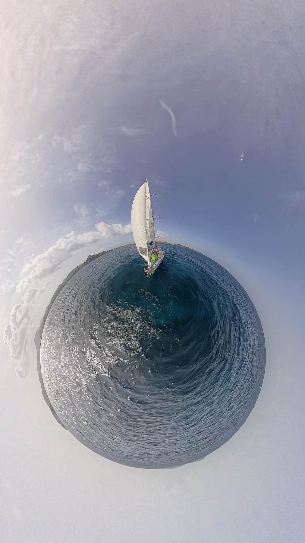 Artistic panoramic view of Serenity sailing in Caribbean water